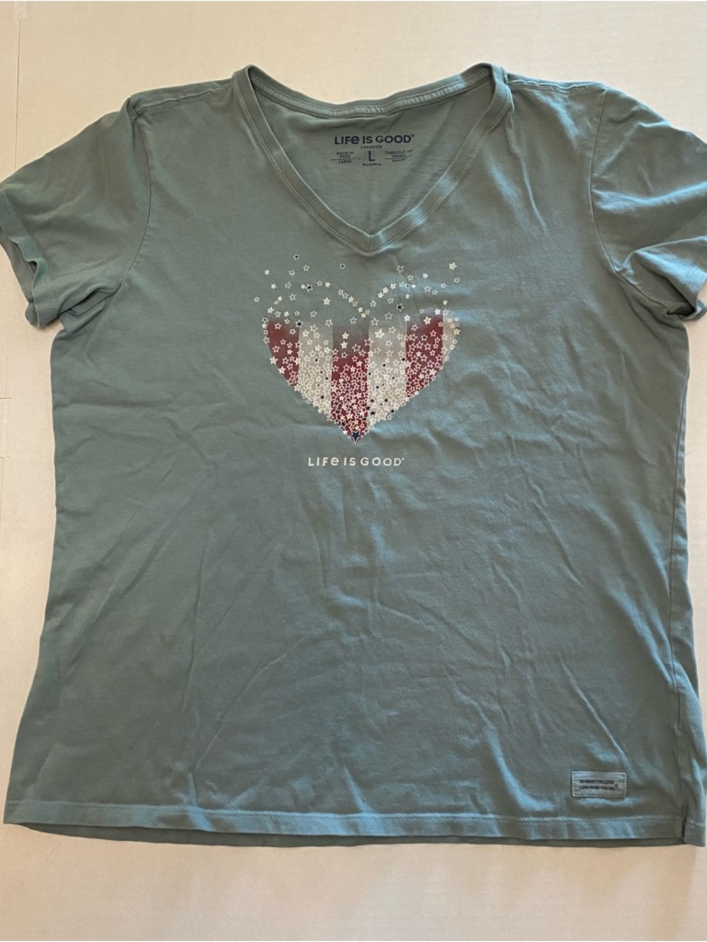 Life is Good Women's Crusher Tee, Large Sage V-Neck Tee, Patriotic Heart Graphic